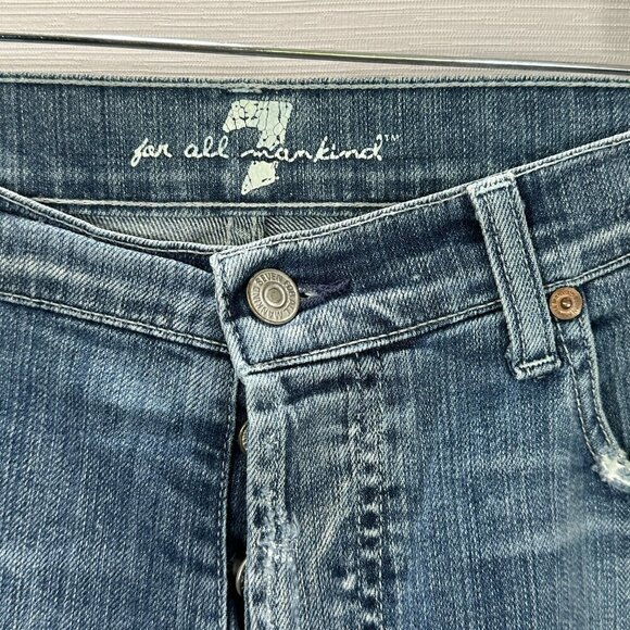 7 For All Mankind Jeans Mens 33 Bootcut Cotton Pockets Holes Distressed Fray Hem - Picture 6 of 16